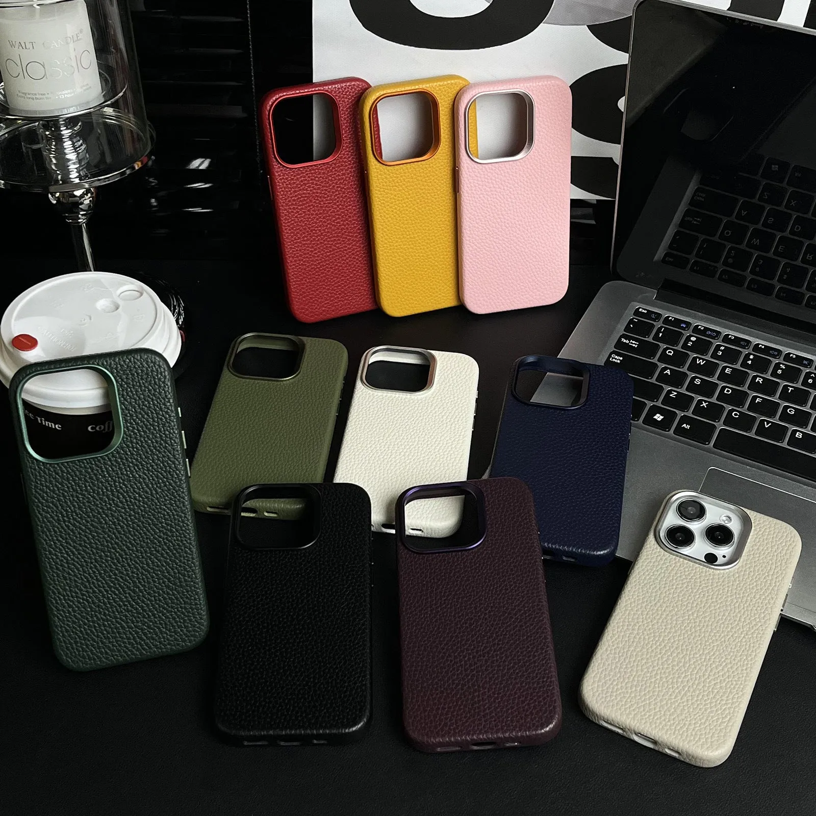 Plain leather magnetic phone case with lychee pattern in drop-resistant design for iPhone