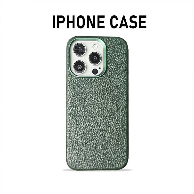 Plain leather magnetic phone case with lychee pattern in drop-resistant design for iPhone