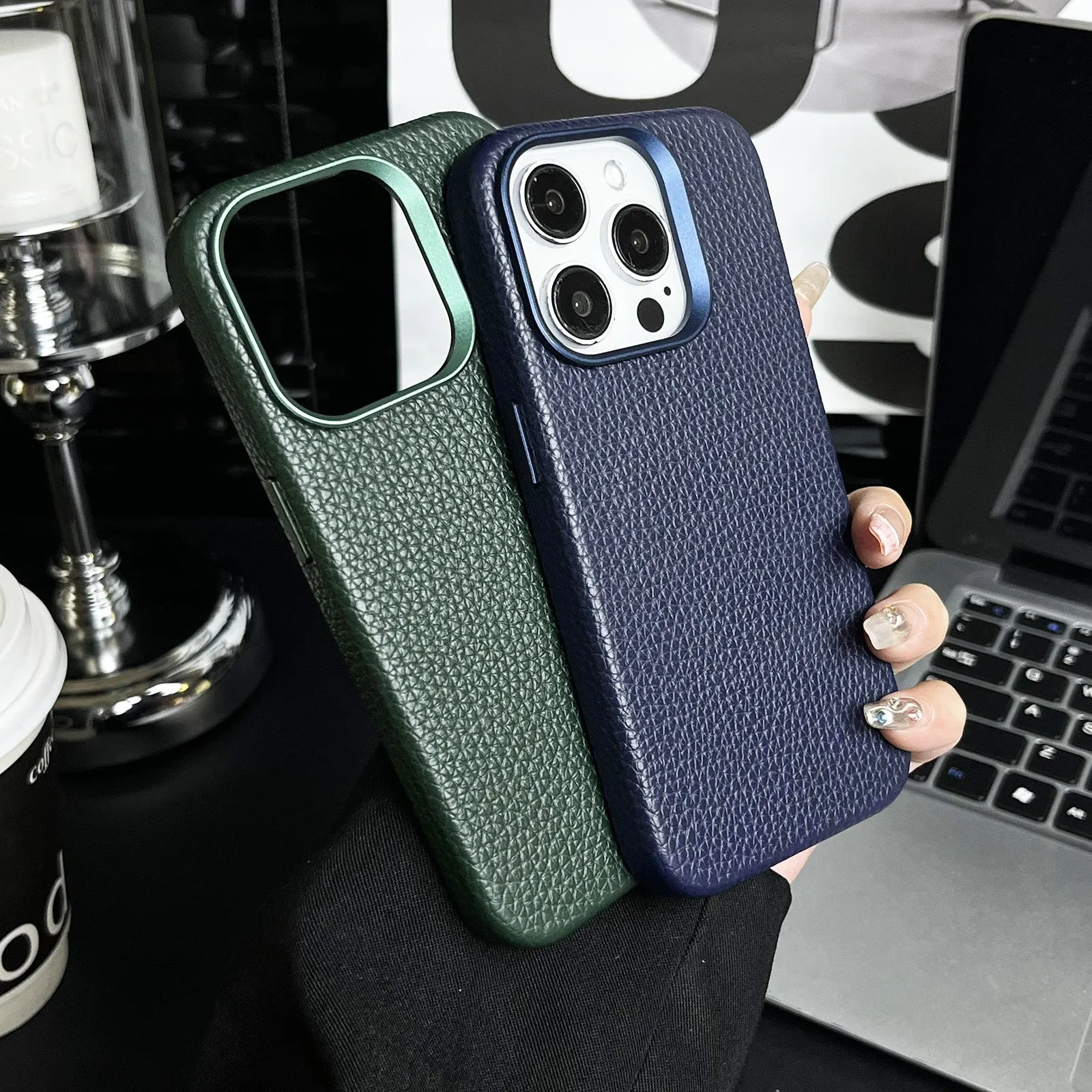 Plain leather magnetic phone case with lychee pattern in drop-resistant design for iPhone