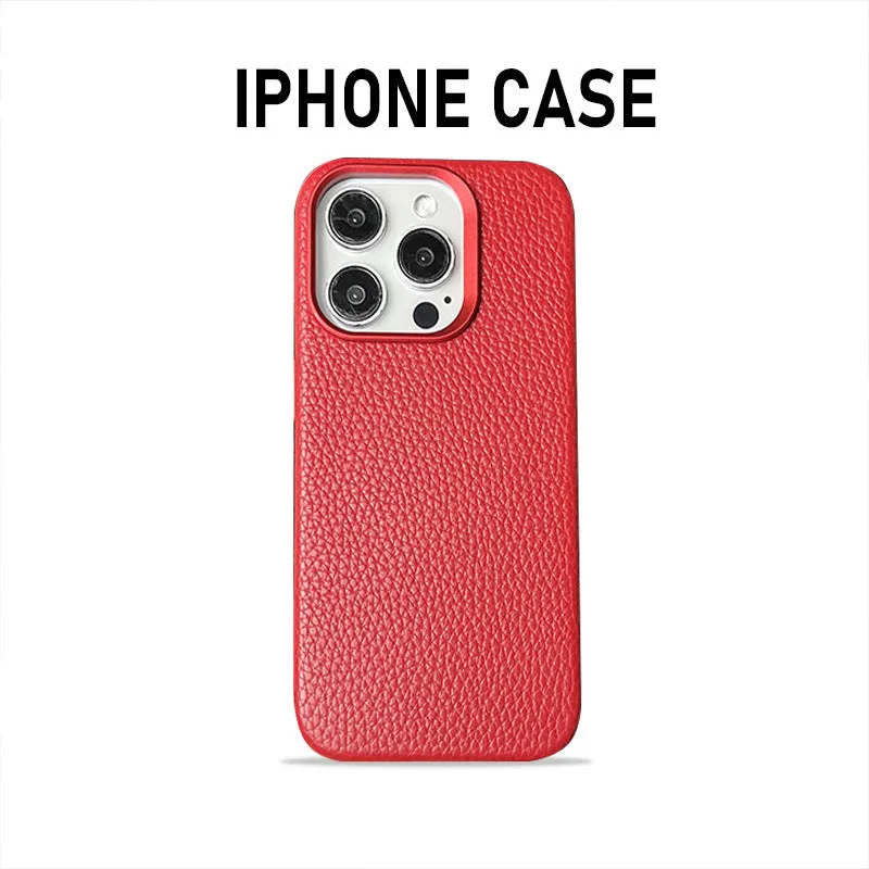 Plain leather magnetic phone case with lychee pattern in drop-resistant design for iPhone