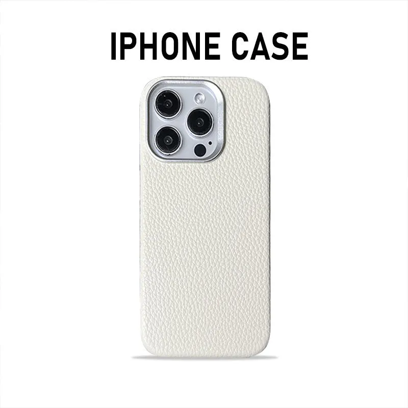 Plain leather magnetic phone case with lychee pattern in drop-resistant design for iPhone