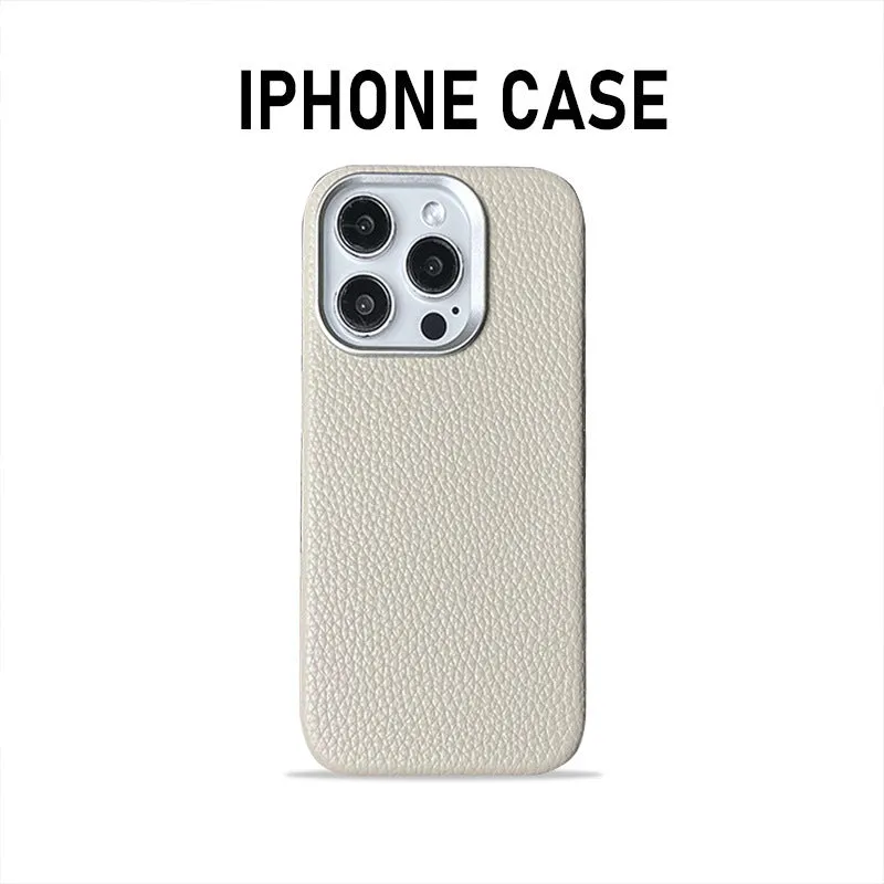 Plain leather magnetic phone case with lychee pattern in drop-resistant design for iPhone