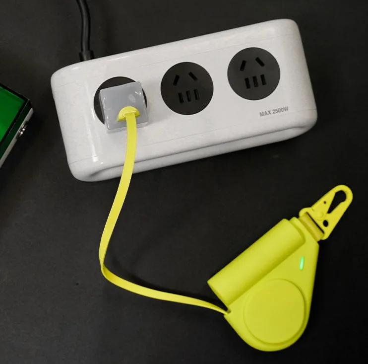 Green power bank with flexible wire and Type-C interface showing 5000 MA capacity