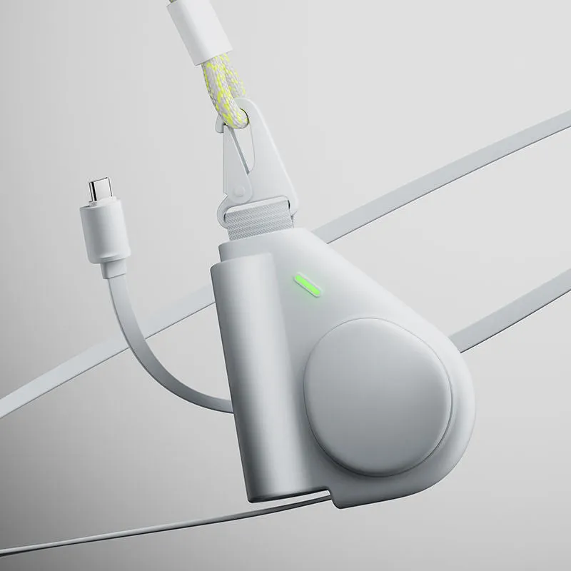Green power bank with flexible wire and Type-C interface showing 5000 MA capacity