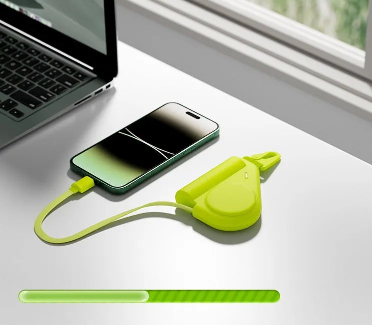 Green power bank with flexible wire and Type-C interface showing 5000 MA capacity