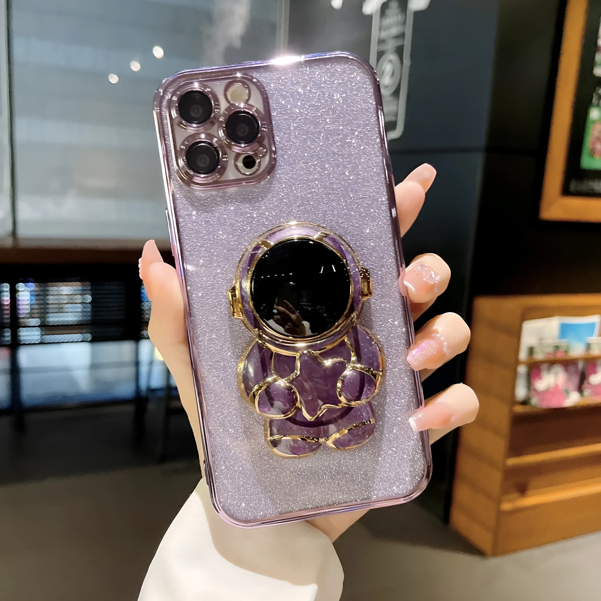 Astronaut glitter TPU phone case with bracket for iPhone 13 Pro Max, dark purple colour
