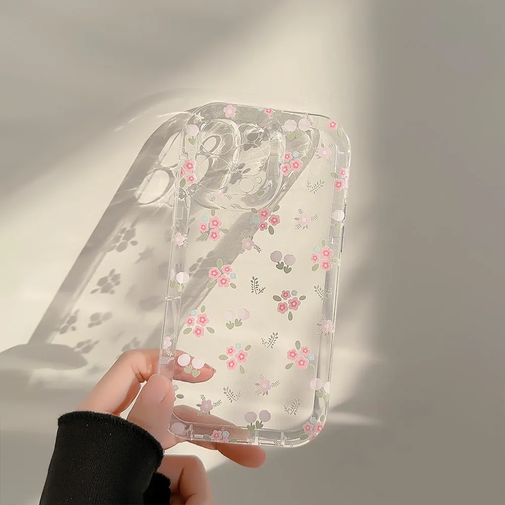 Crushed Flower Flowing Sand Stand Phone Case Transparent TPU 1.5mm Soft Hard Moderate Camera Hole Precise Key Position 3D Stereo Keys Hanging Rope Hole Compatible Apple iPhone 15 14 13 12 Pro Max Plus
