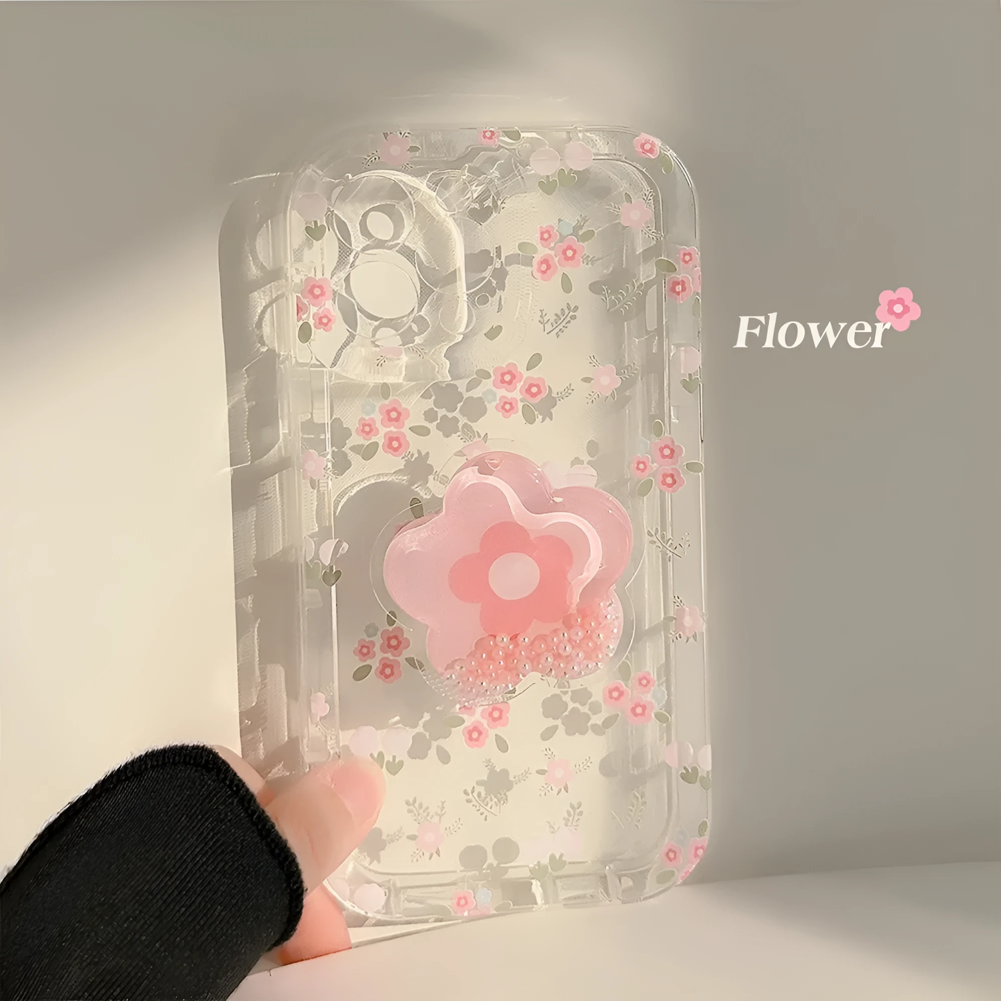 Crushed Flower Flowing Sand Stand Phone Case Transparent TPU 1.5mm Soft Hard Moderate Camera Hole Precise Key Position 3D Stereo Keys Hanging Rope Hole Compatible Apple iPhone 15 14 13 12 Pro Max Plus
