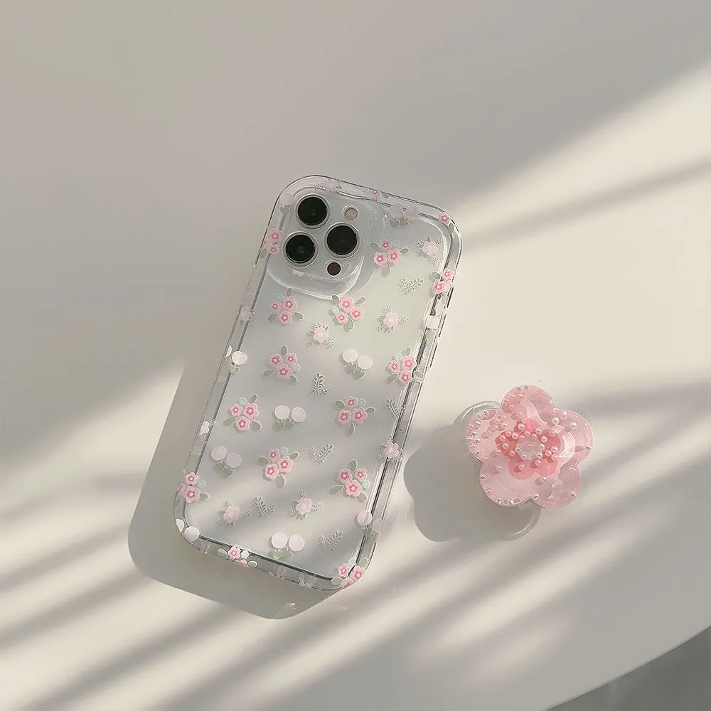 Crushed Flower Flowing Sand Stand Phone Case Transparent TPU 1.5mm Soft Hard Moderate Camera Hole Precise Key Position 3D Stereo Keys Hanging Rope Hole Compatible Apple iPhone 15 14 13 12 Pro Max Plus