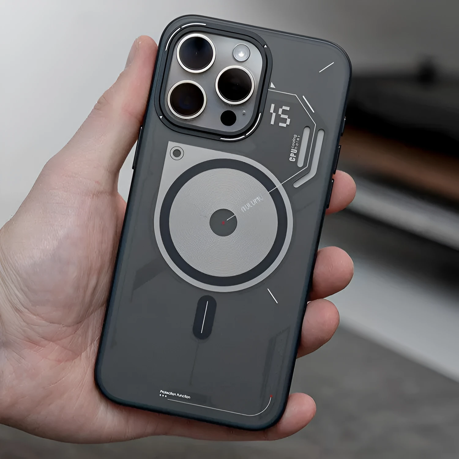 Grey magnetic TPU phone case with cooling window for iPhone 15 Pro and 15 Pro Max