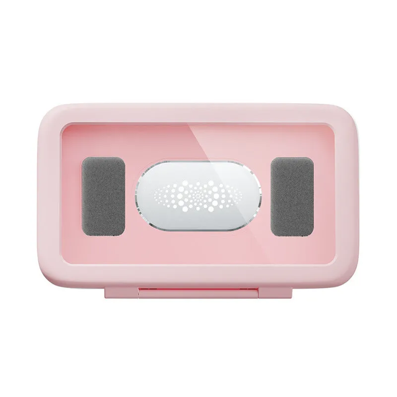 White waterproof phone holder mounted on bathroom tile showing mobile phone visible through clear front