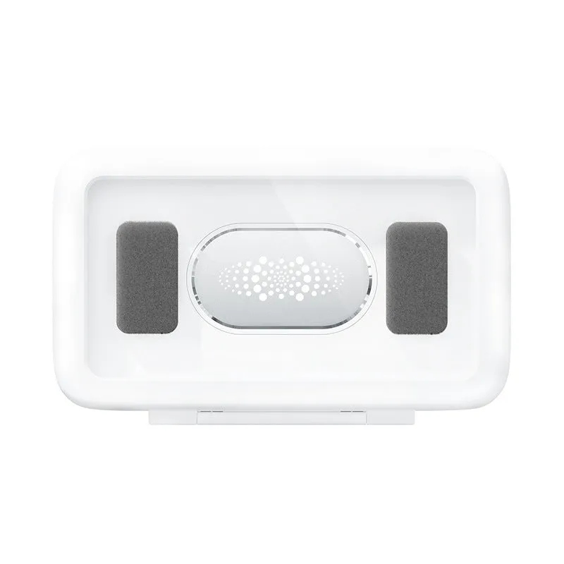 White waterproof phone holder mounted on bathroom tile showing mobile phone visible through clear front