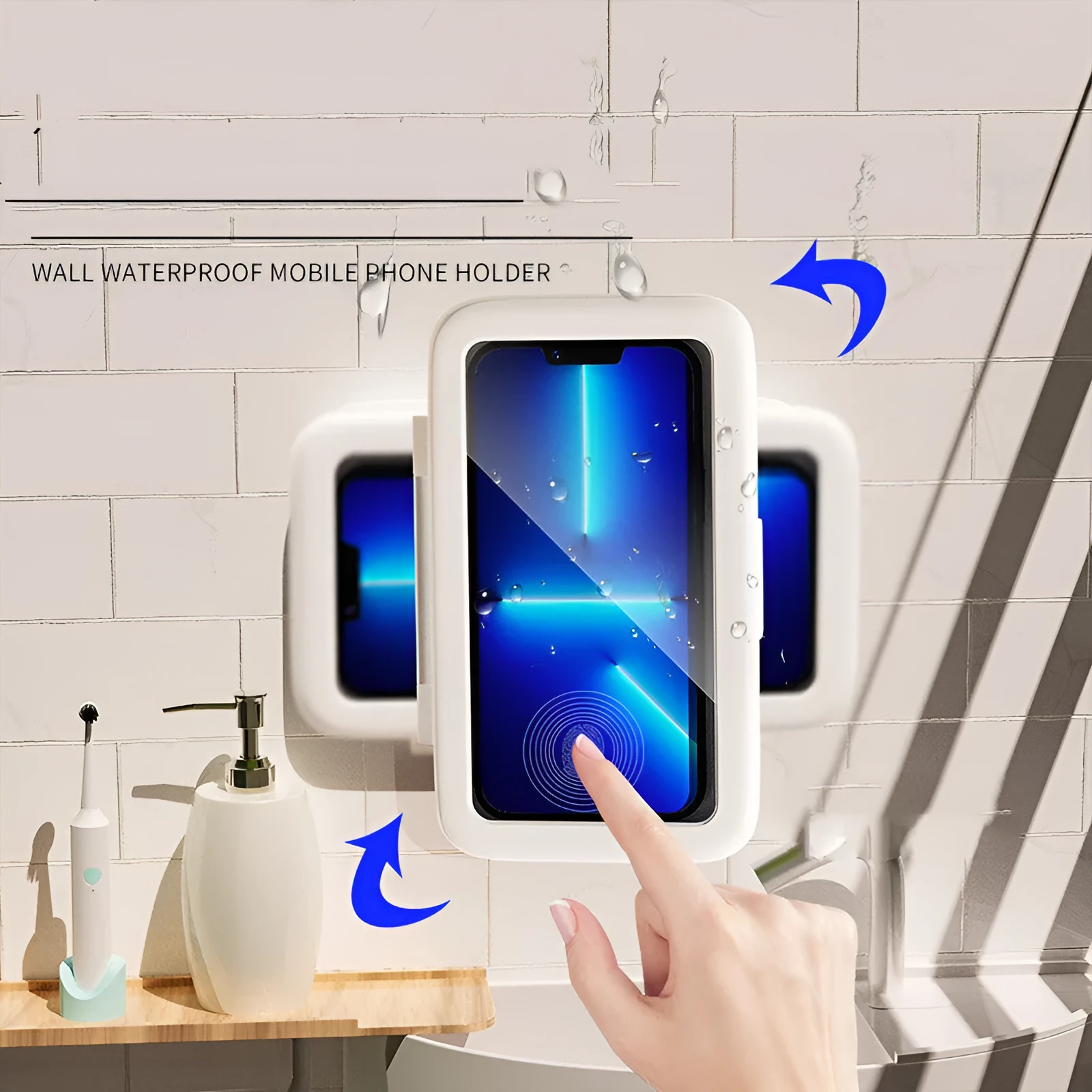 White waterproof phone holder mounted on bathroom tile showing mobile phone visible through clear front