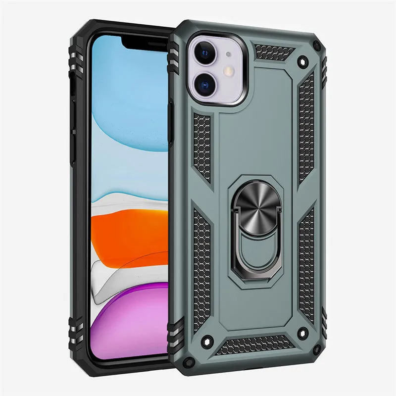 Shockproof bracket ring phone case in black for iPhone 14 Pro with built-in kickstand and magnetic ring