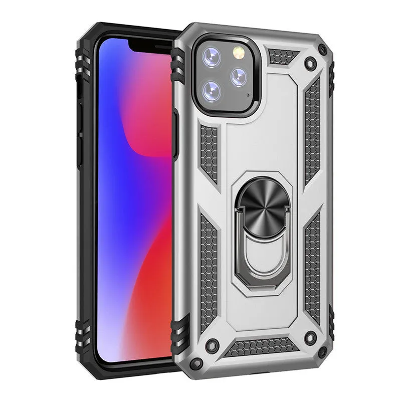 Shockproof bracket ring phone case in black for iPhone 14 Pro with built-in kickstand and magnetic ring