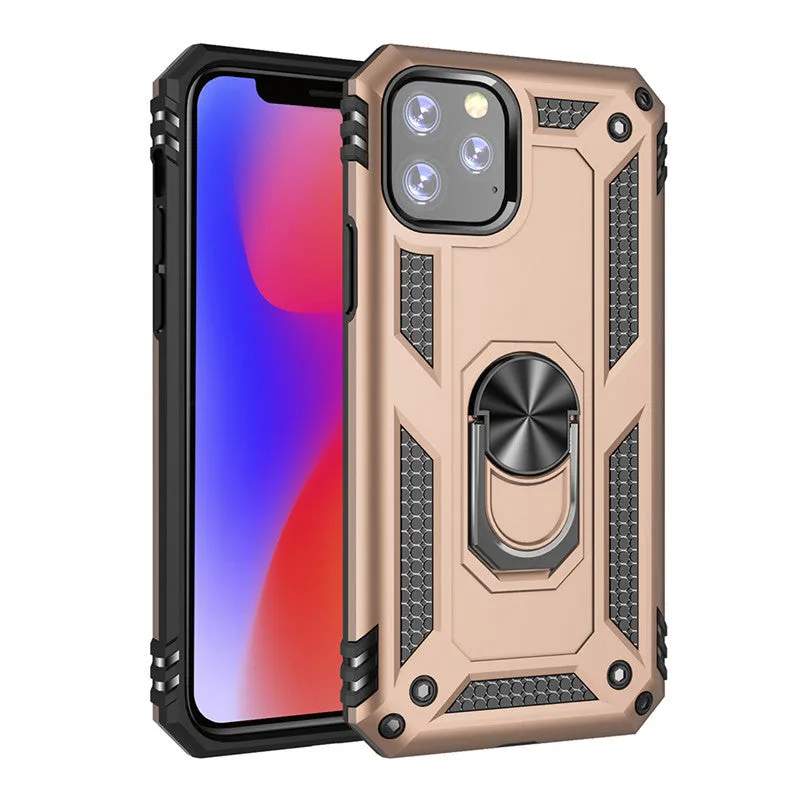 Shockproof bracket ring phone case in black for iPhone 14 Pro with built-in kickstand and magnetic ring