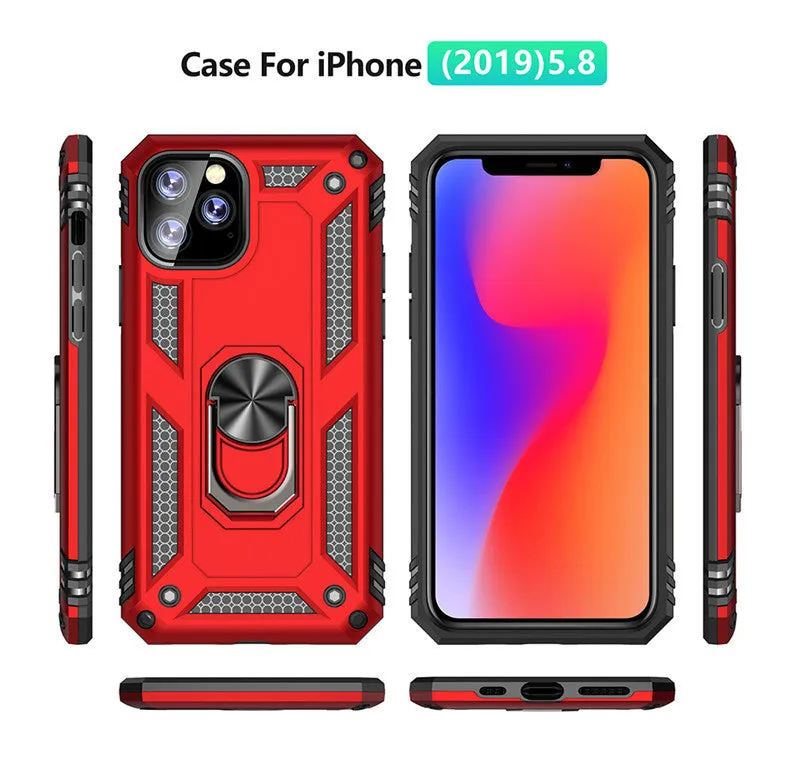 Shockproof bracket ring phone case in black for iPhone 14 Pro with built-in kickstand and magnetic ring