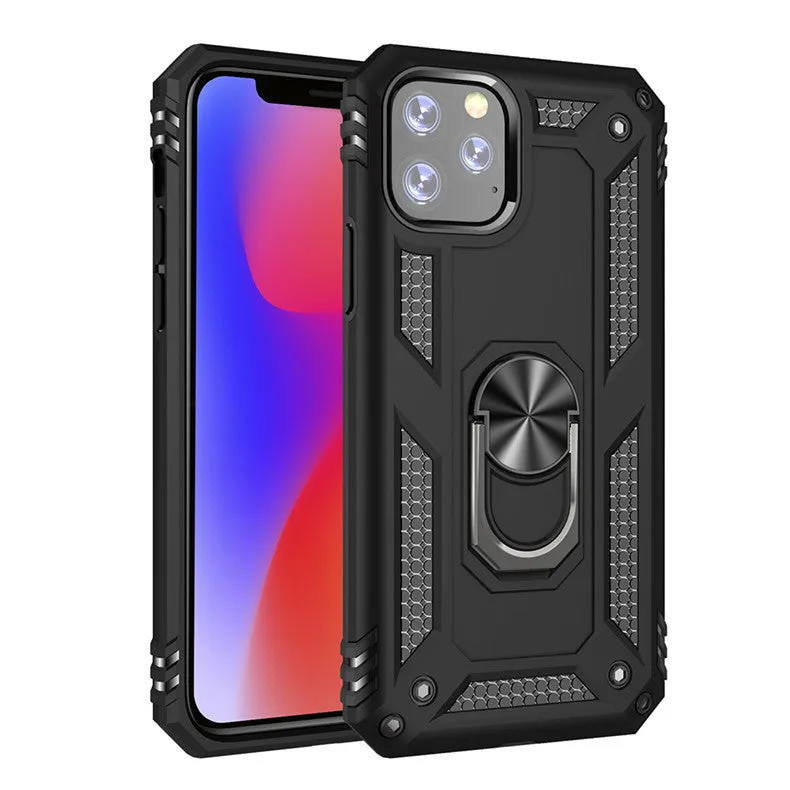 Shockproof bracket ring phone case in black for iPhone 14 Pro with built-in kickstand and magnetic ring