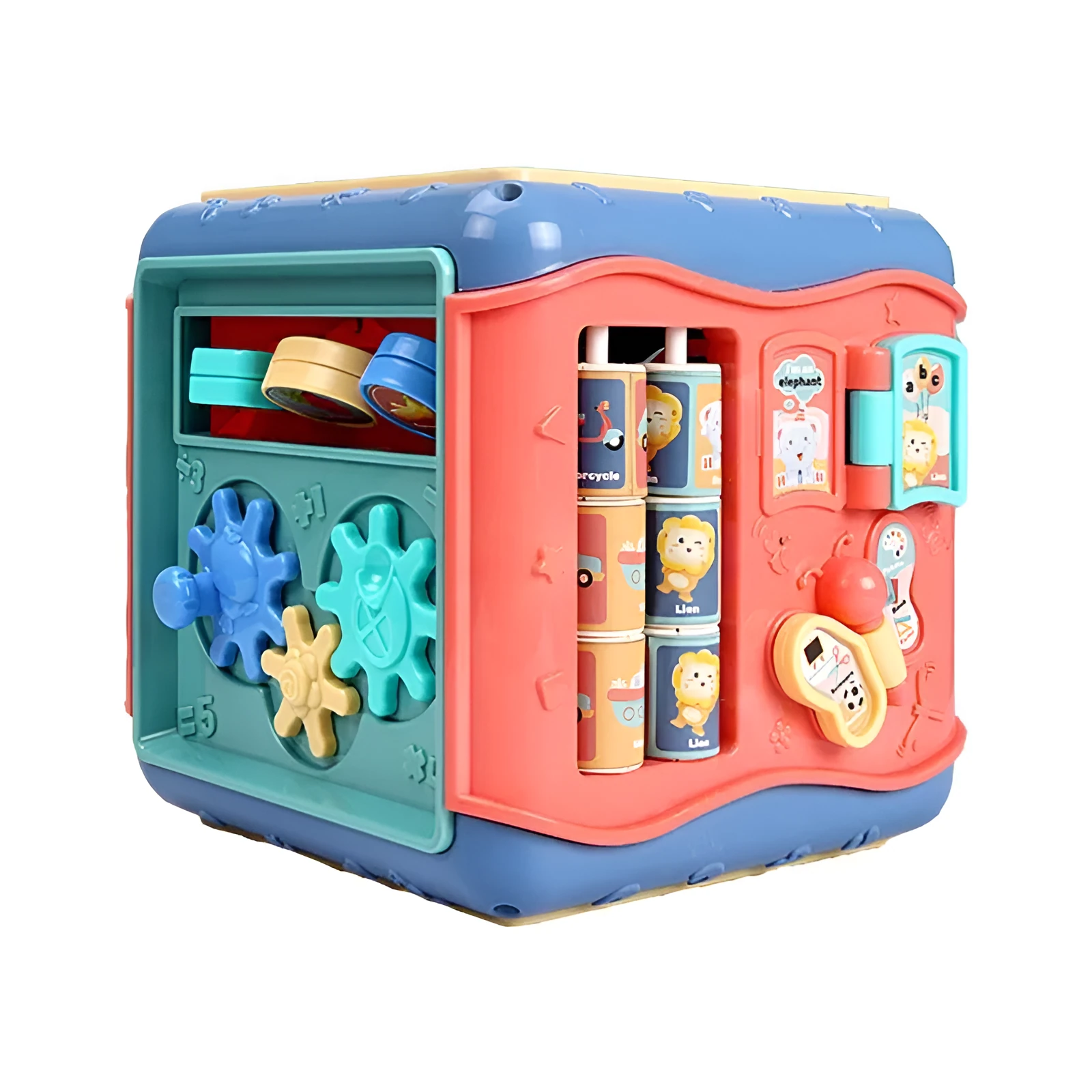 Montessori hexahedron educational toy with six different learning activities on each side