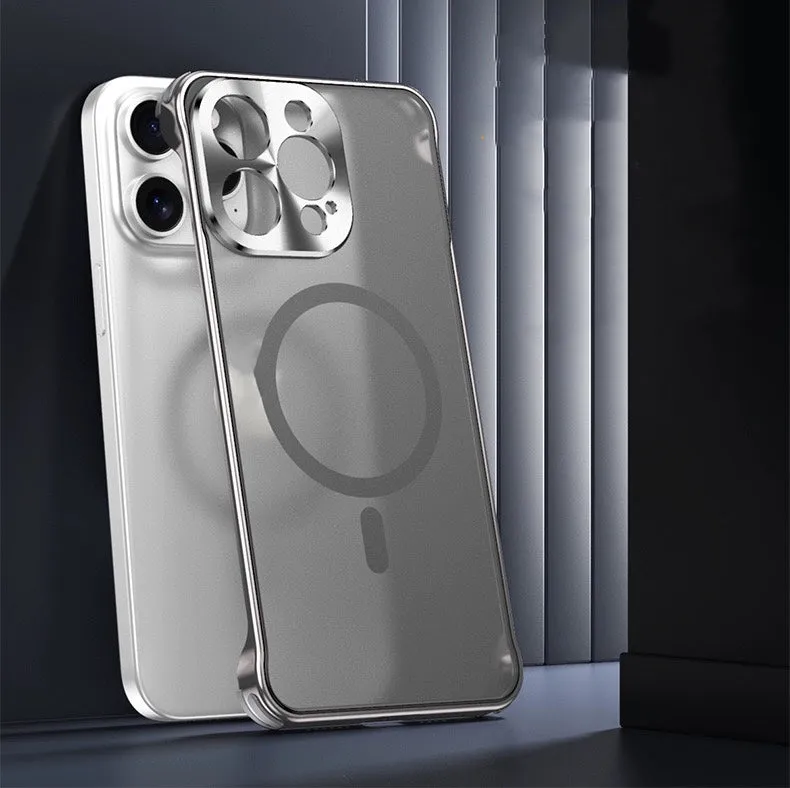 Black matte magnetic suction ultra-thin phone case for iPhone with metal frame and PC backboard