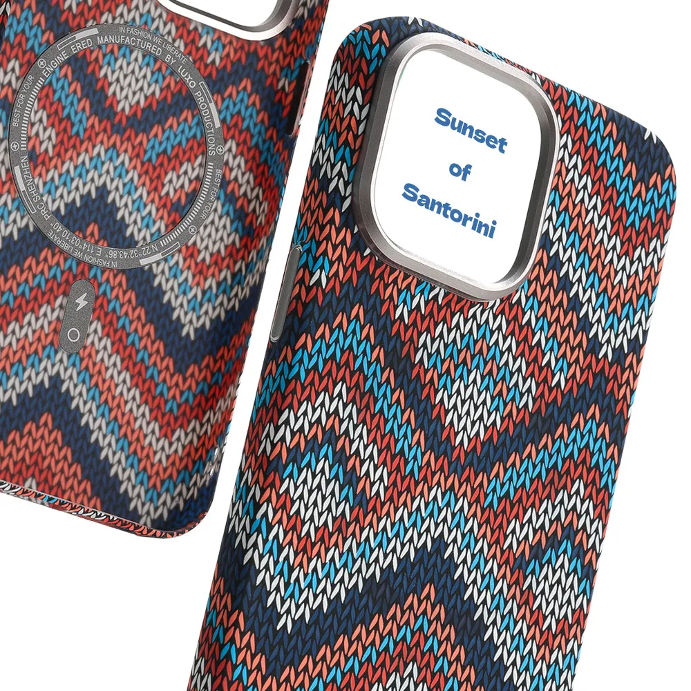 Kevlar pattern magnetic suction phone case for iPhone in Santorini Blue showing skin-like texture and protective shell design