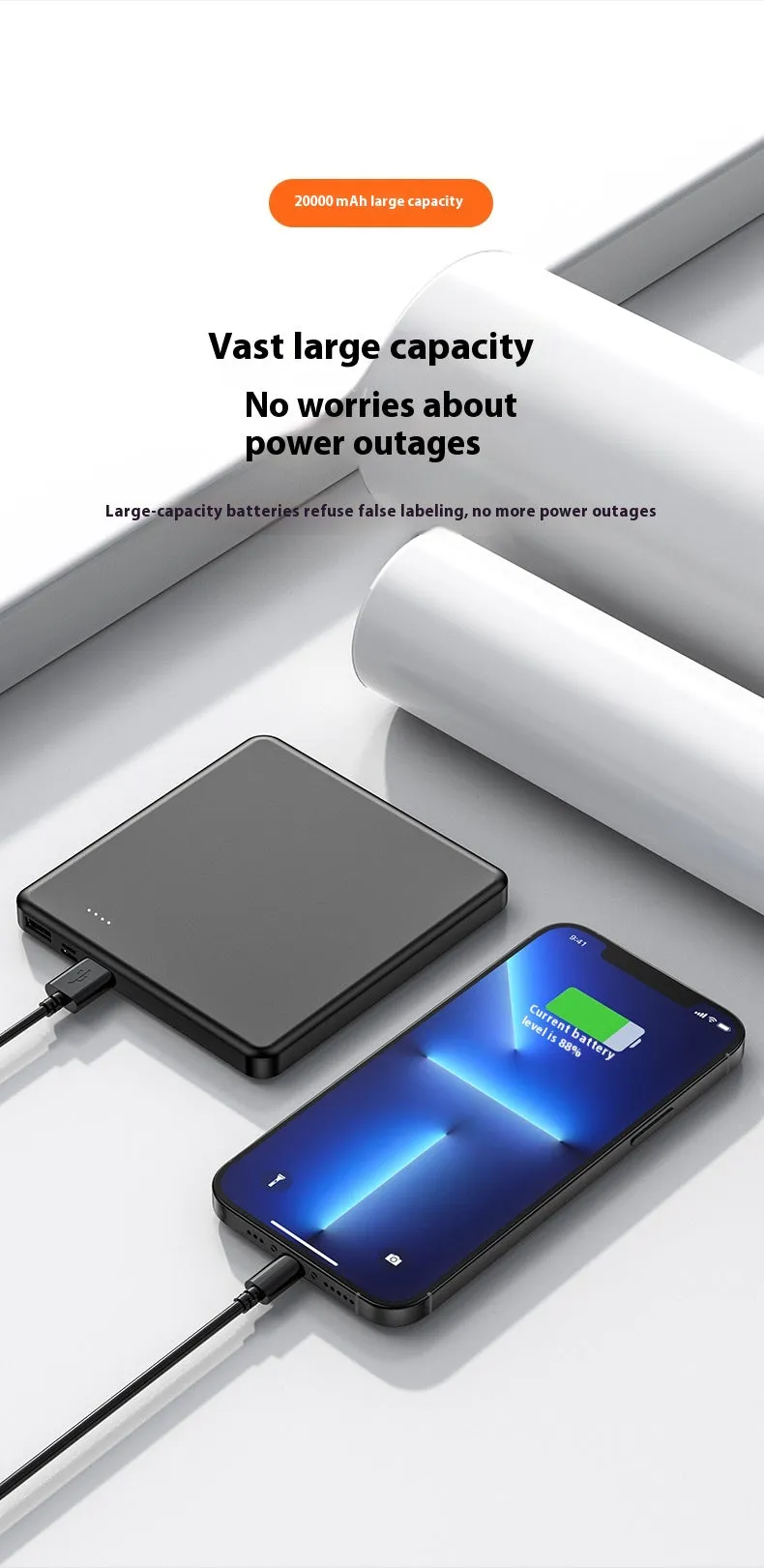 Small portable white 20000mAh fast charge power bank with QC3.0 graphene cell on a flat surface