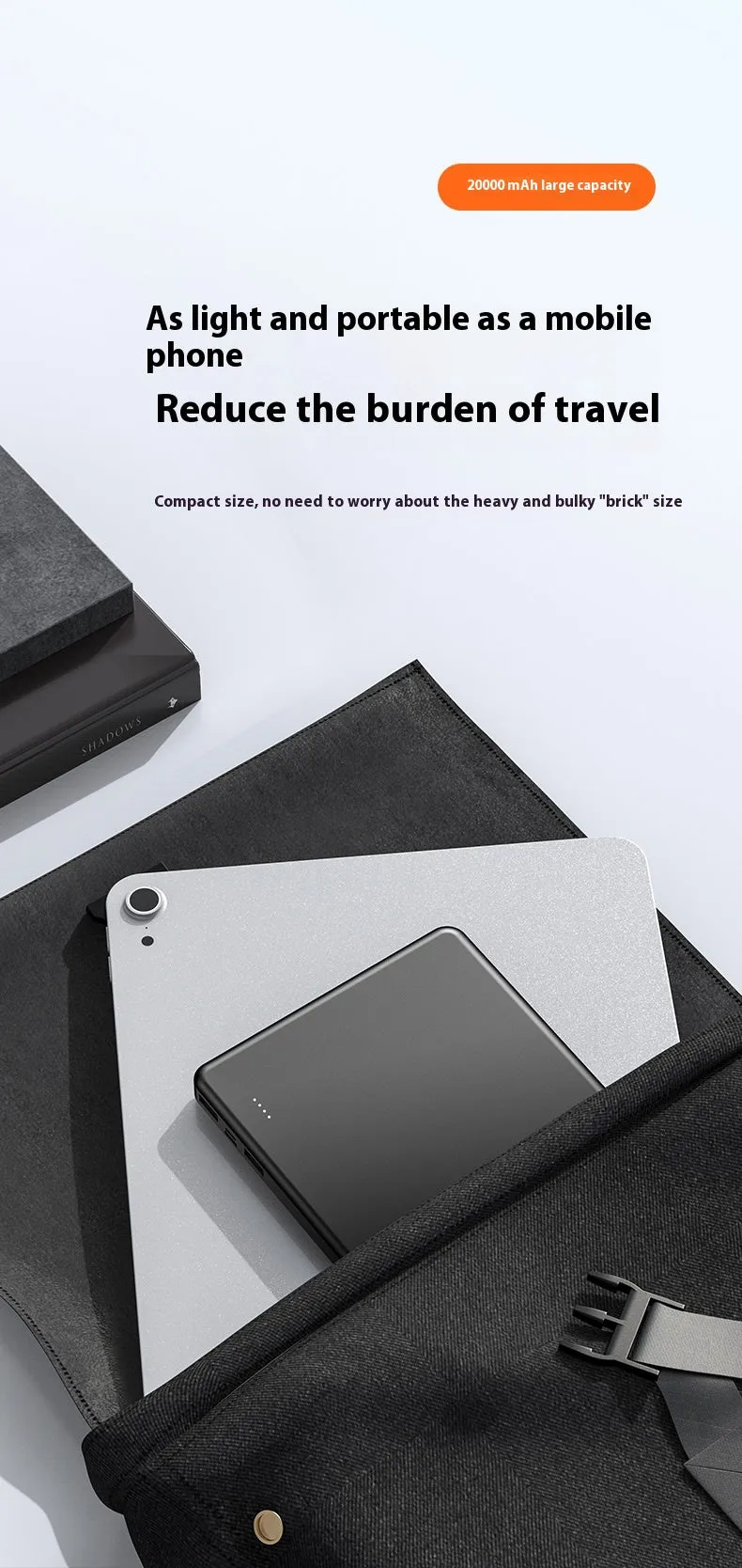 Small portable white 20000mAh fast charge power bank with QC3.0 graphene cell on a flat surface