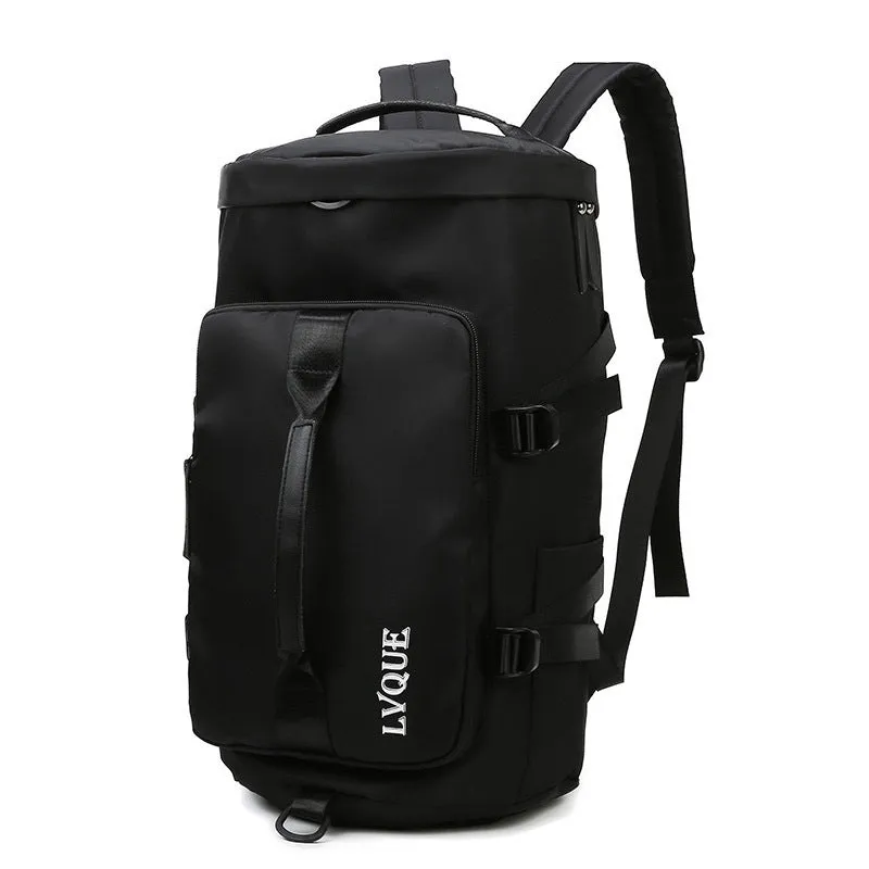 Black waterproof 3-in-1 gym backpack with shoe compartment and combination lock shown as a backpack and shoulder bag.
