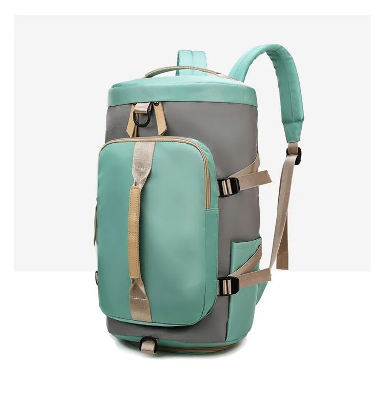 Black waterproof 3-in-1 gym backpack with shoe compartment and combination lock shown as a backpack and shoulder bag.