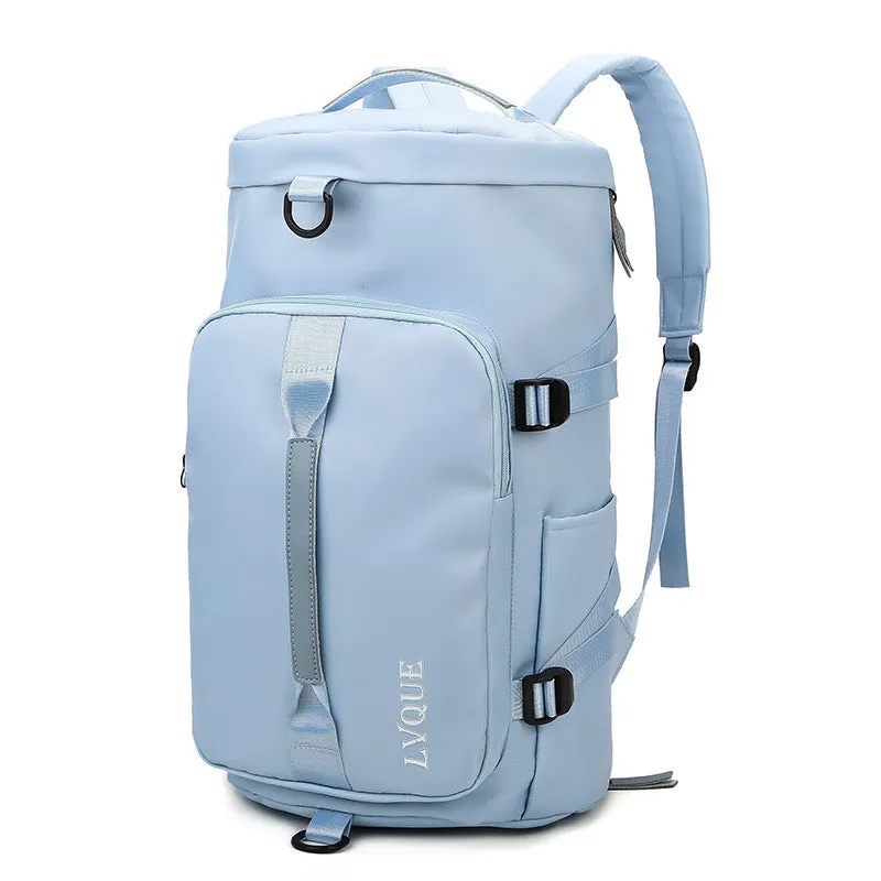 Black waterproof 3-in-1 gym backpack with shoe compartment and combination lock shown as a backpack and shoulder bag.