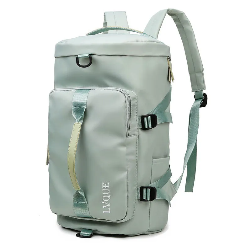 Black waterproof 3-in-1 gym backpack with shoe compartment and combination lock shown as a backpack and shoulder bag.