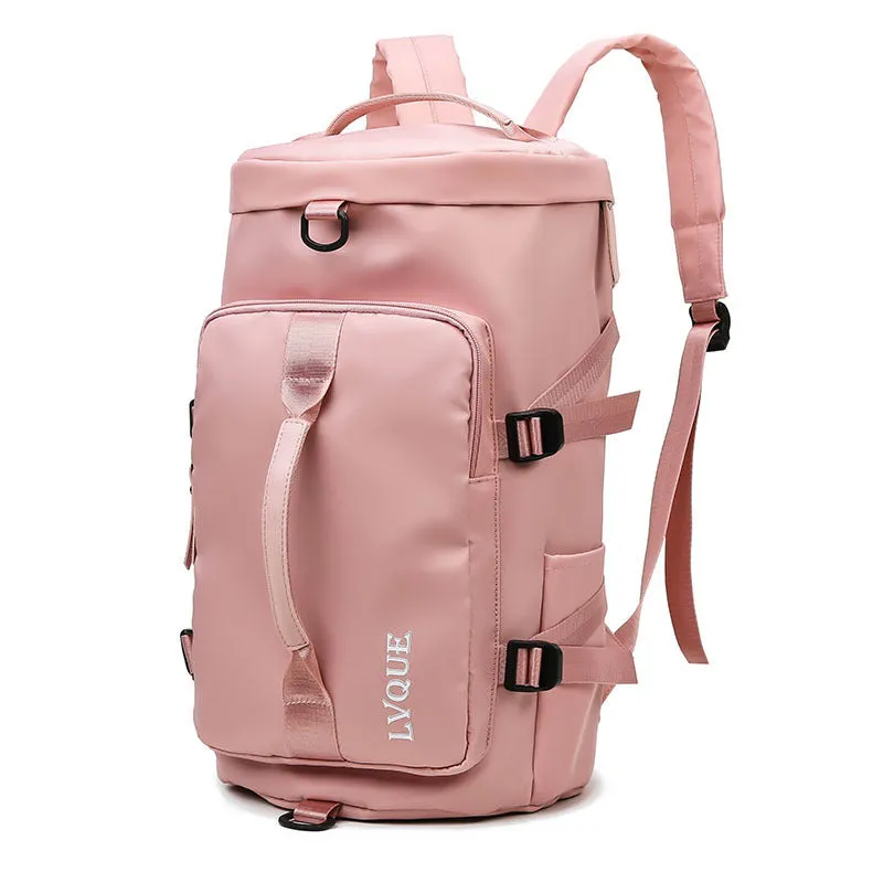 Black waterproof 3-in-1 gym backpack with shoe compartment and combination lock shown as a backpack and shoulder bag.