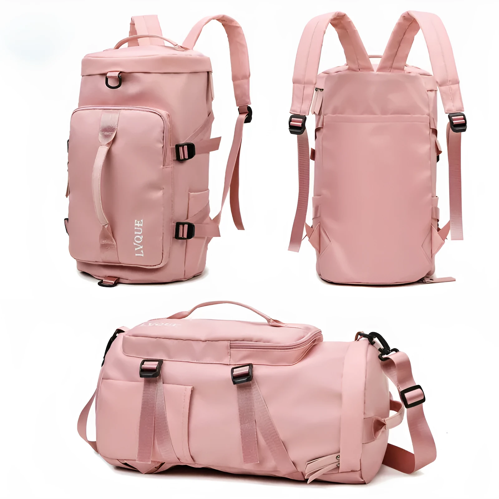 Black waterproof 3-in-1 gym backpack with shoe compartment and combination lock shown as a backpack and shoulder bag.