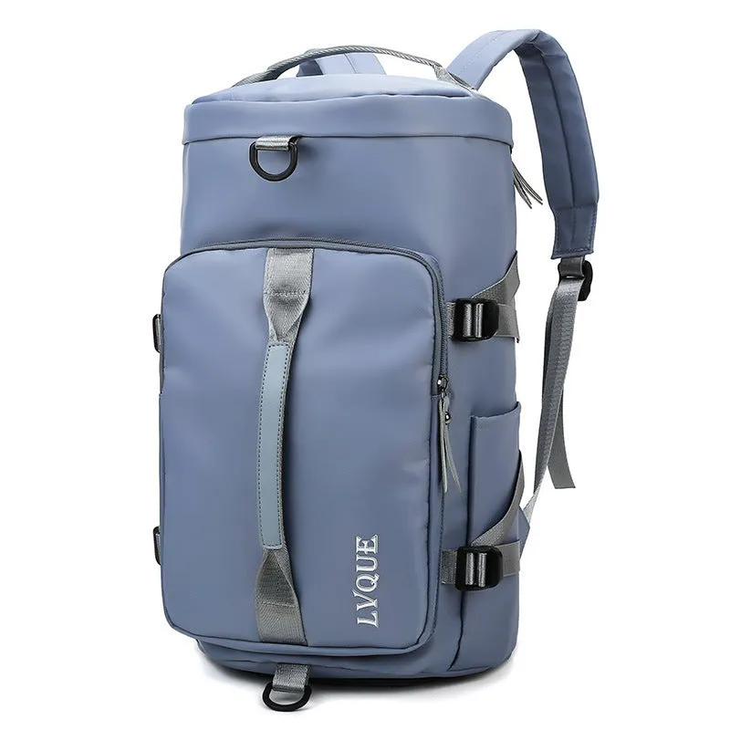 Black waterproof 3-in-1 gym backpack with shoe compartment and combination lock shown as a backpack and shoulder bag.