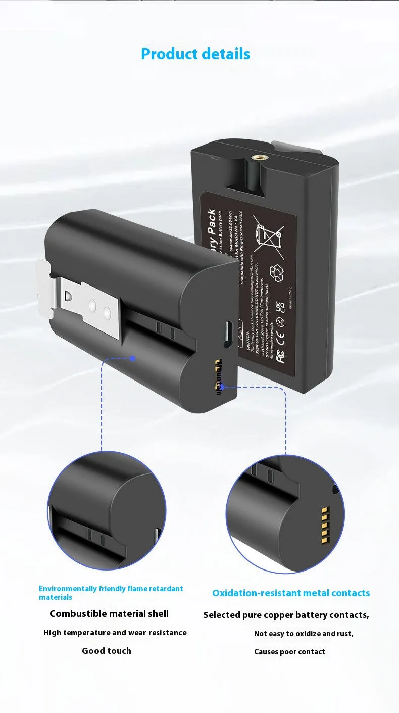 Black rechargeable lithium V4 doorbell battery 6040mAh 3.65V 75x45x50mm for SM002 video doorbell