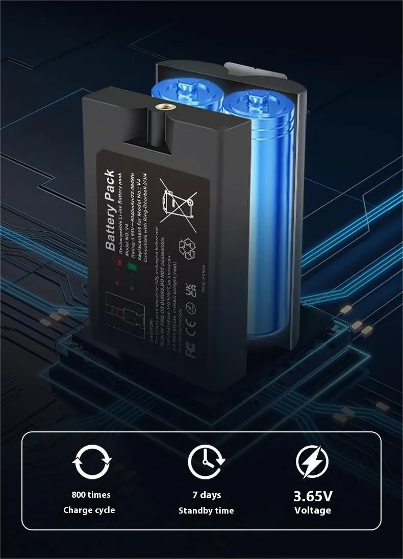 Black rechargeable lithium V4 doorbell battery 6040mAh 3.65V 75x45x50mm for SM002 video doorbell