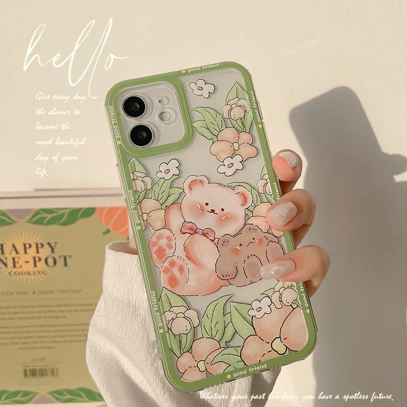 Transparent silicone TPU phone case with hand-painted bear and floral design for iPhone models