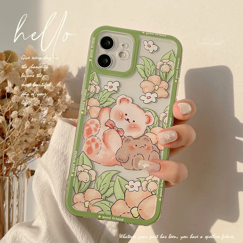 Transparent silicone TPU phone case with hand-painted bear and floral design for iPhone models
