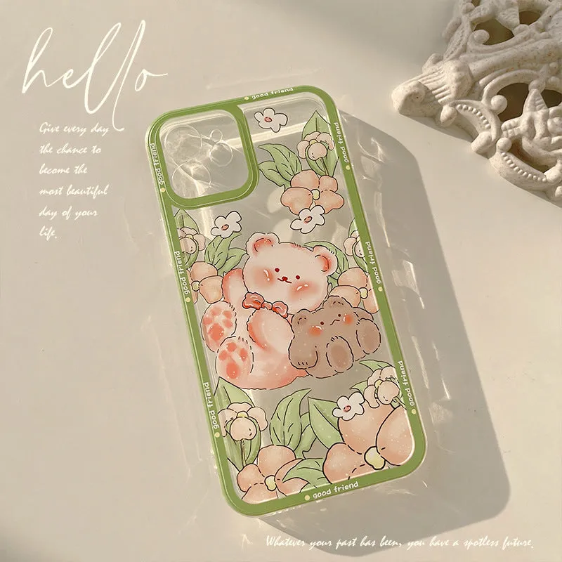 Transparent silicone TPU phone case with hand-painted bear and floral design for iPhone models