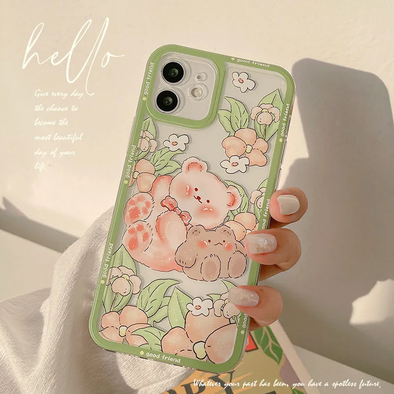 Transparent silicone TPU phone case with hand-painted bear and floral design for iPhone models