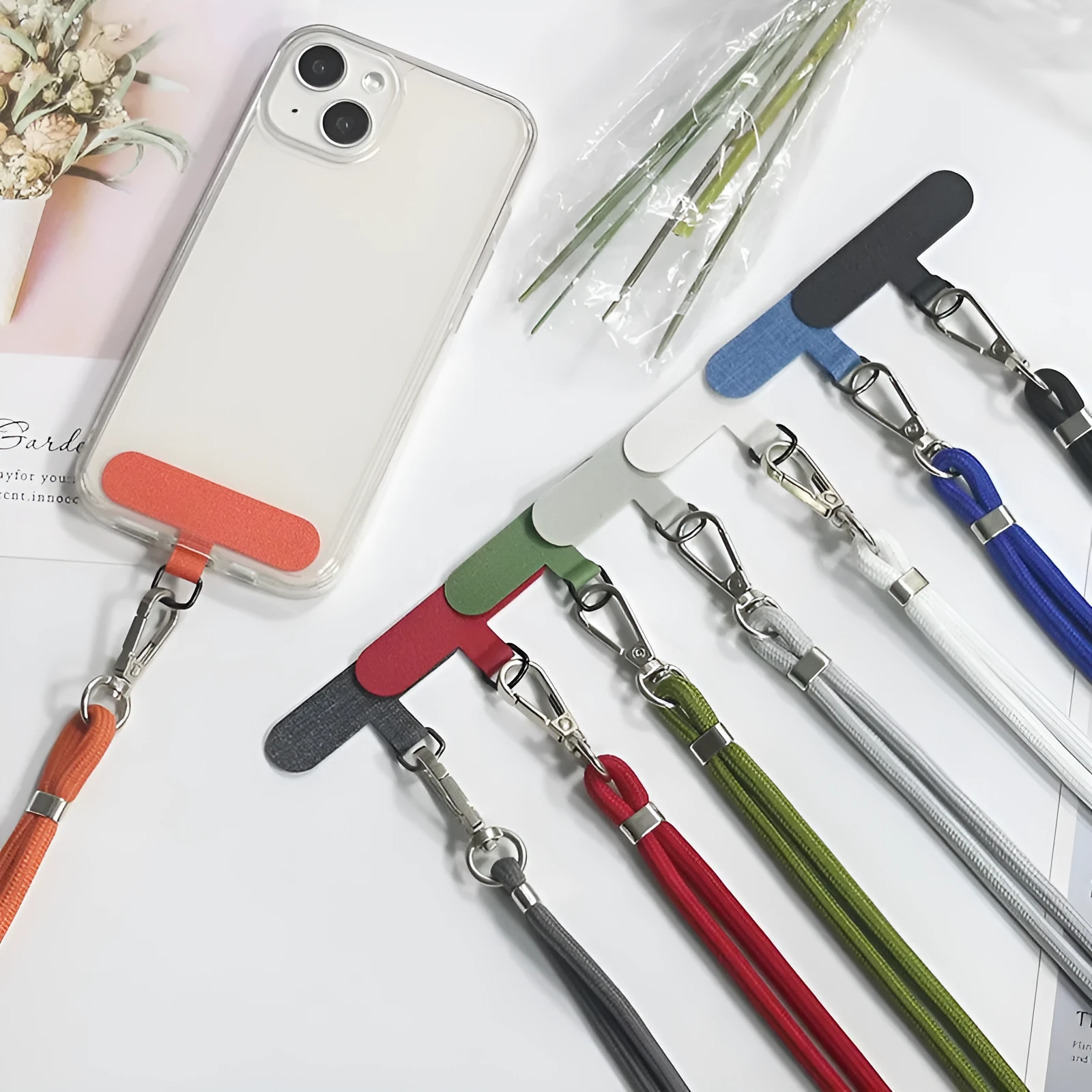 General drop-resistant phone lanyard in nylon with injection-moulded clip and gasket, 160cm length, 12g weight, available in multiple colours