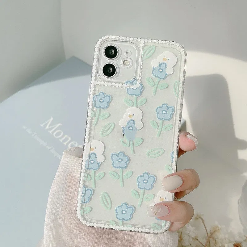 Transparent TPU phone case with original cartoon animal and flower painted pattern for Apple iPhone