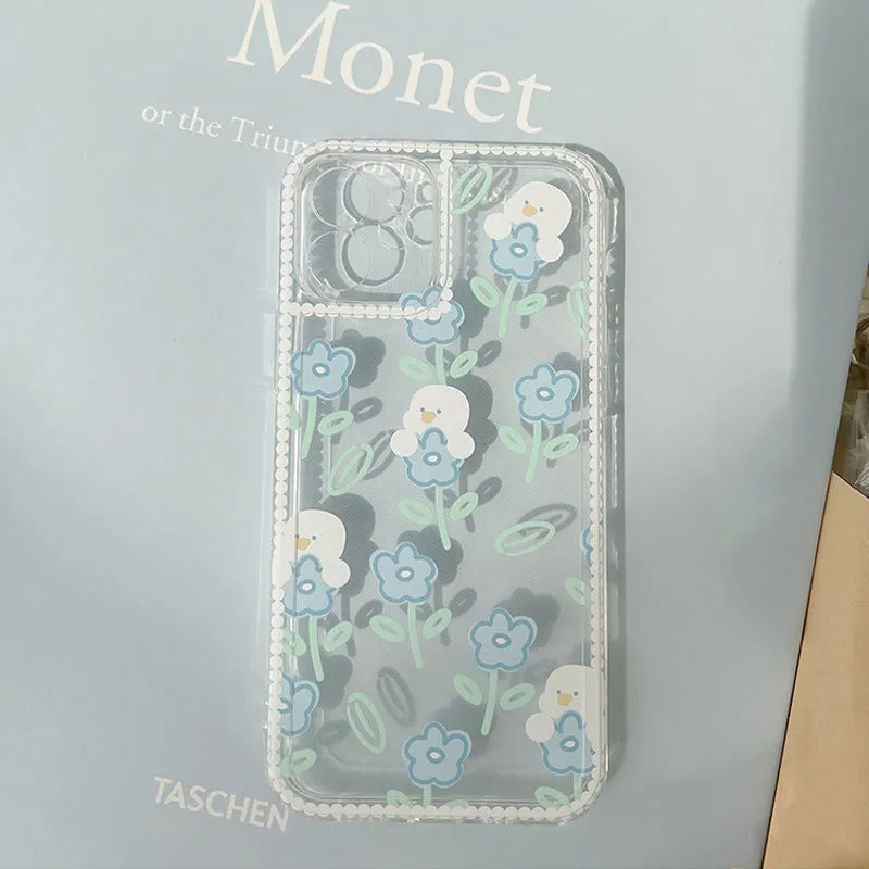 Transparent TPU phone case with original cartoon animal and flower painted pattern for Apple iPhone