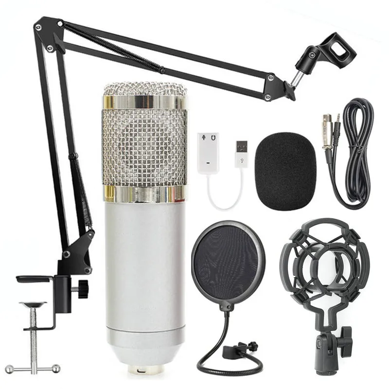 BM-800 condenser microphone with stand in multiple colour options including black blue gold pink red silver white