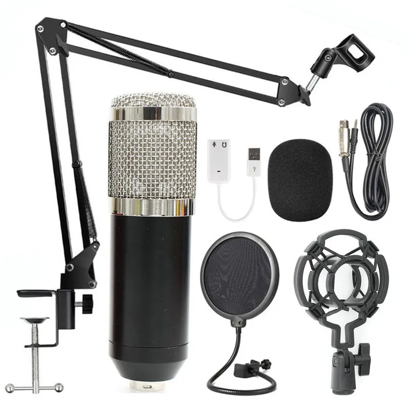 BM-800 condenser microphone with stand in multiple colour options including black blue gold pink red silver white