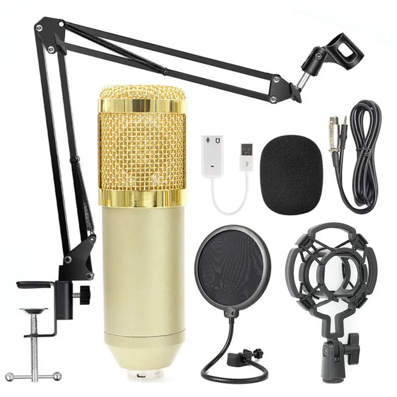 BM-800 condenser microphone with stand in multiple colour options including black blue gold pink red silver white