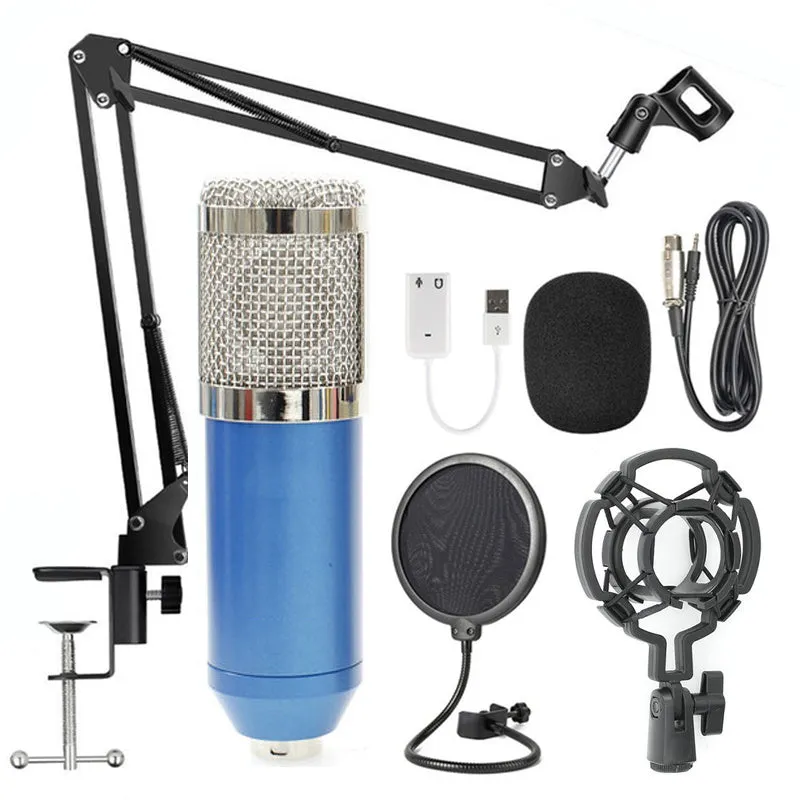 BM-800 condenser microphone with stand in multiple colour options including black blue gold pink red silver white