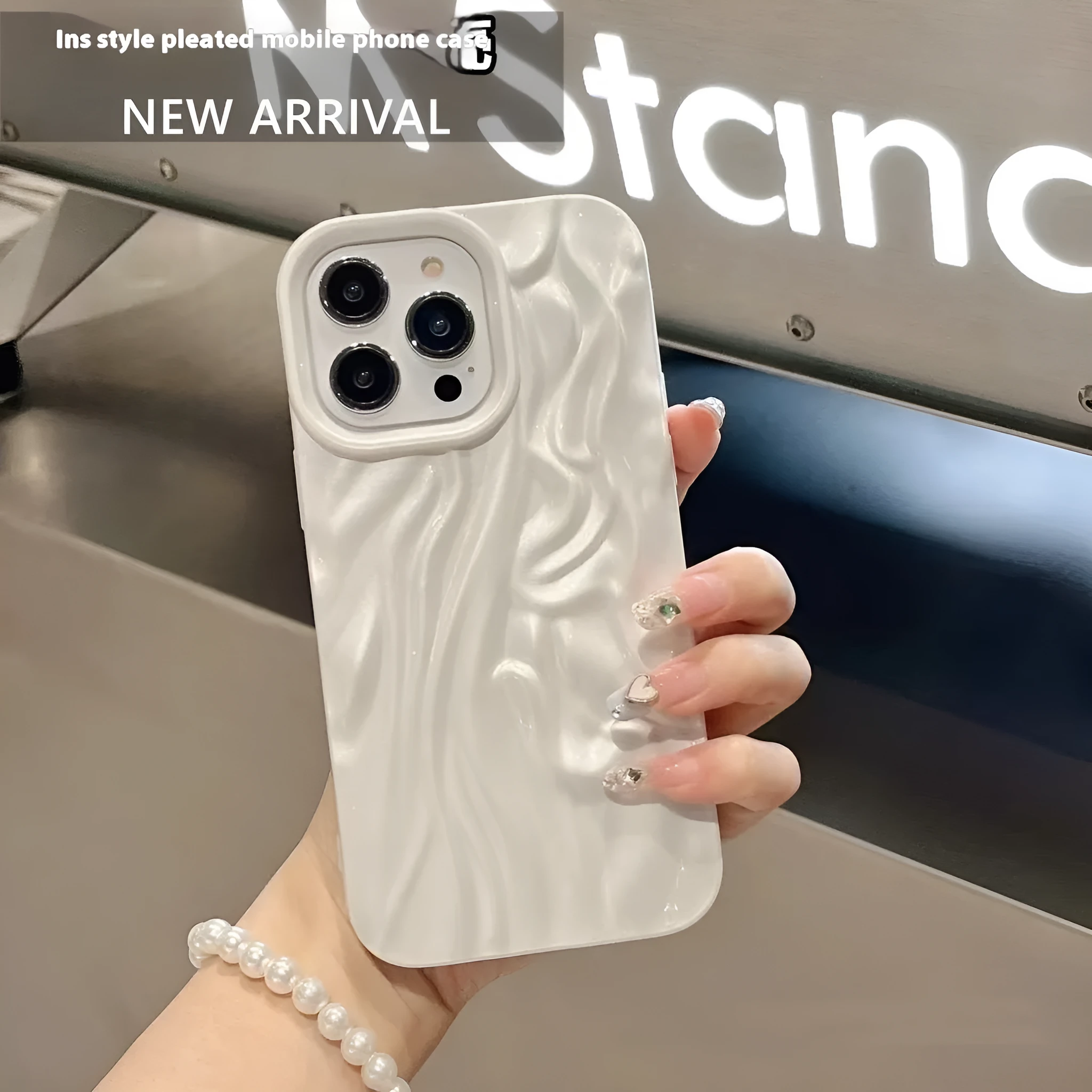 Pleated TPU phone case for iPhone 11 to 14 Pro Max in Pearl White with shockproof protection