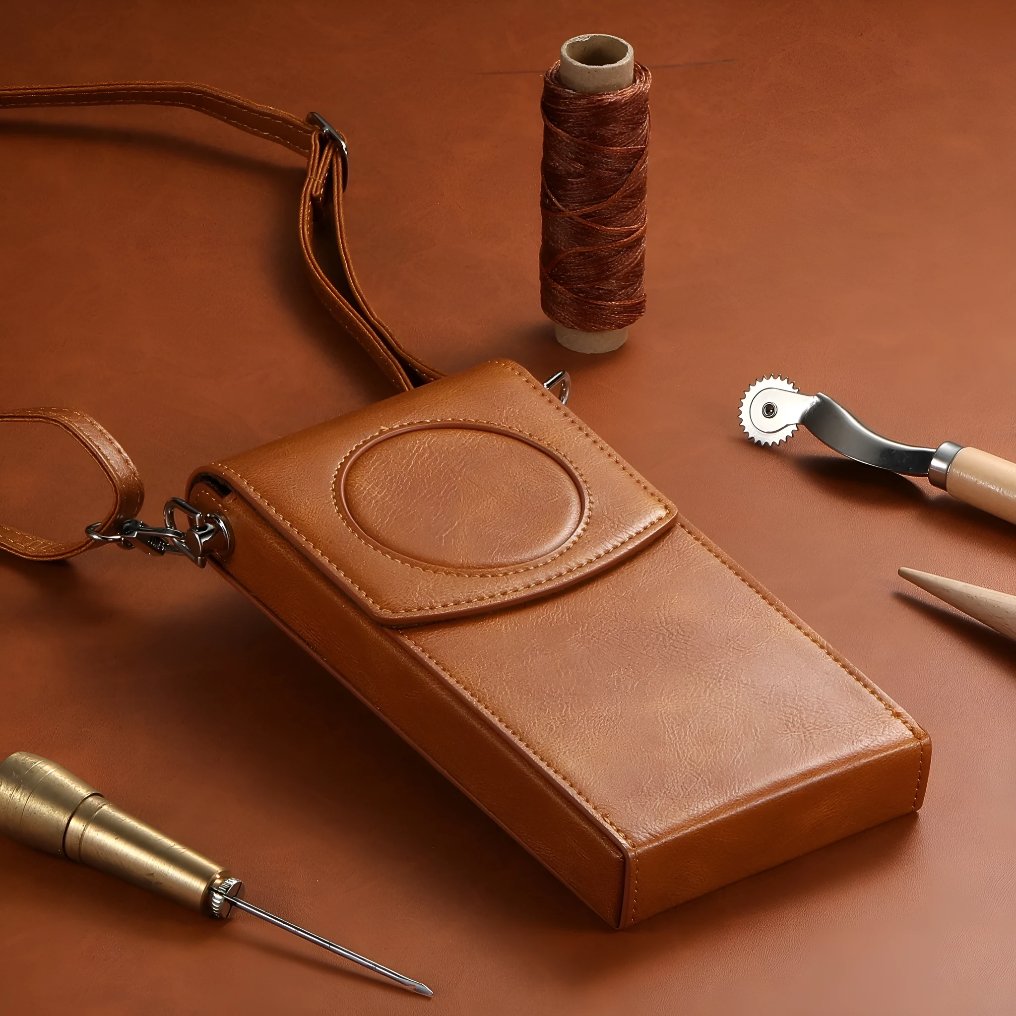 Brown Z leather storage satchel for Apple Vision Pro power supply protection sleeve