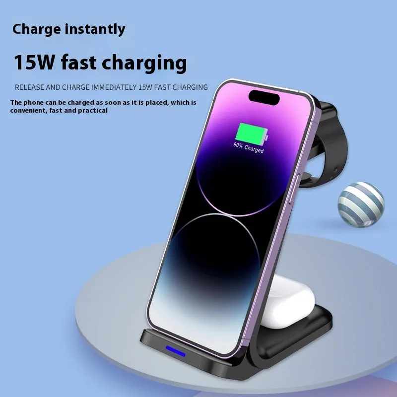 Black three-in-one wireless charger desktop vertical stand charging smartphone and earphone case